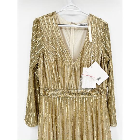 Mac Duggal 4977 Gold Sequin Beaded Illusion Sleeve Gown 4 NWT - Picture 7 of 9